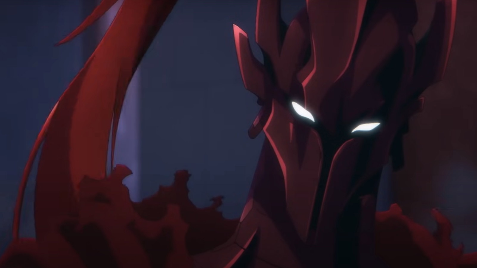 The picture shows Igris face with his eyes glowing in Solo Leveling anime