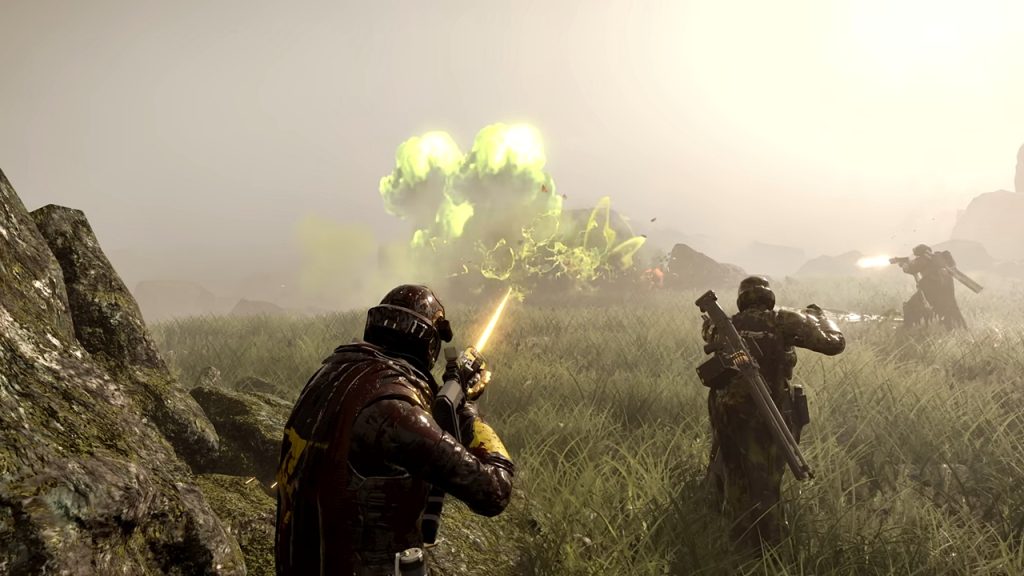 Helldivers 2 gameplay screenshot featuring the player making use of a laser weapon against Terminid enemies.