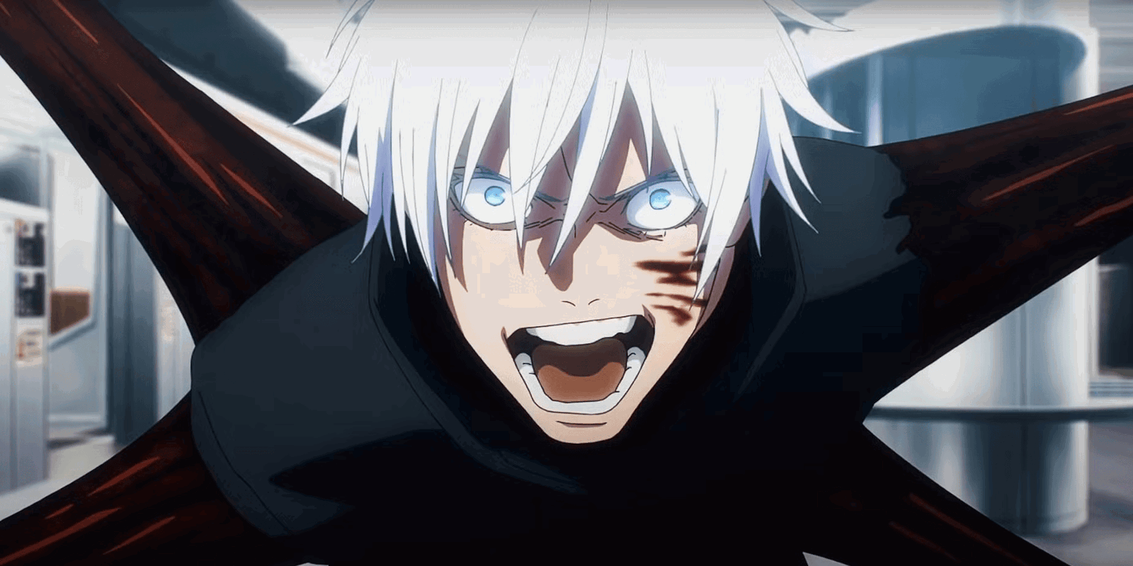 Satoru Gojo caught by the prison realm and yelling in Jujutsu Kaisen. 