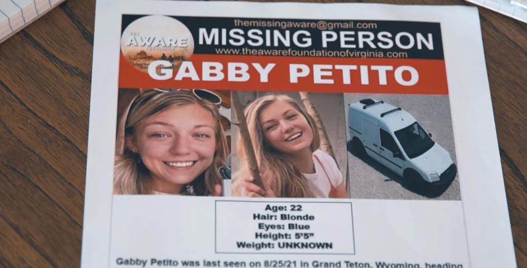 A newspaper displaying the missing person report for Gabby Petito.