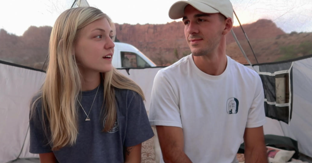 Gabby Petito and Brian Laundrie having a conversation inside their van during their #vanlife journey.