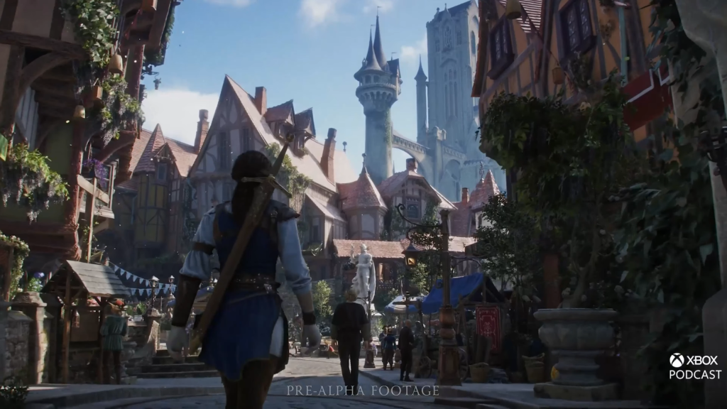 A character walking in a city in Fable.