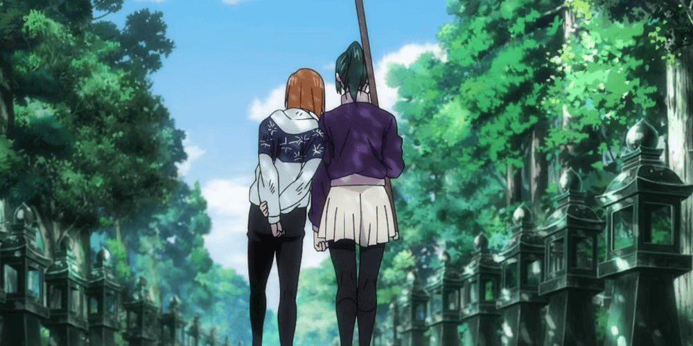 Nobara and Maki walking together in Jujutsu Kaisen. 