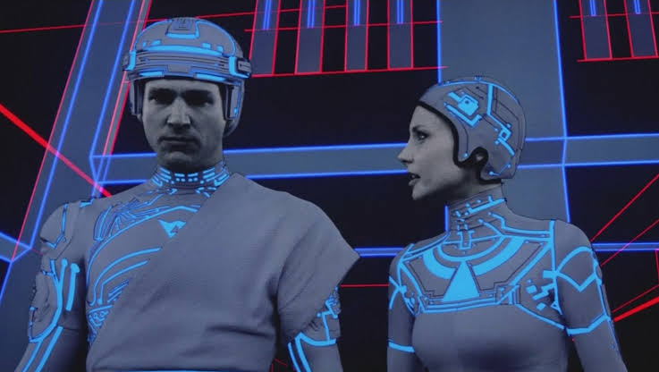 Jeff Bridges with Cindy Morgan in a still from Tron (1982) 