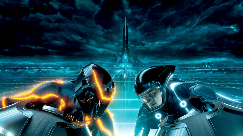 The neon-lit world of The Grid in a still from Tron: Legacy.