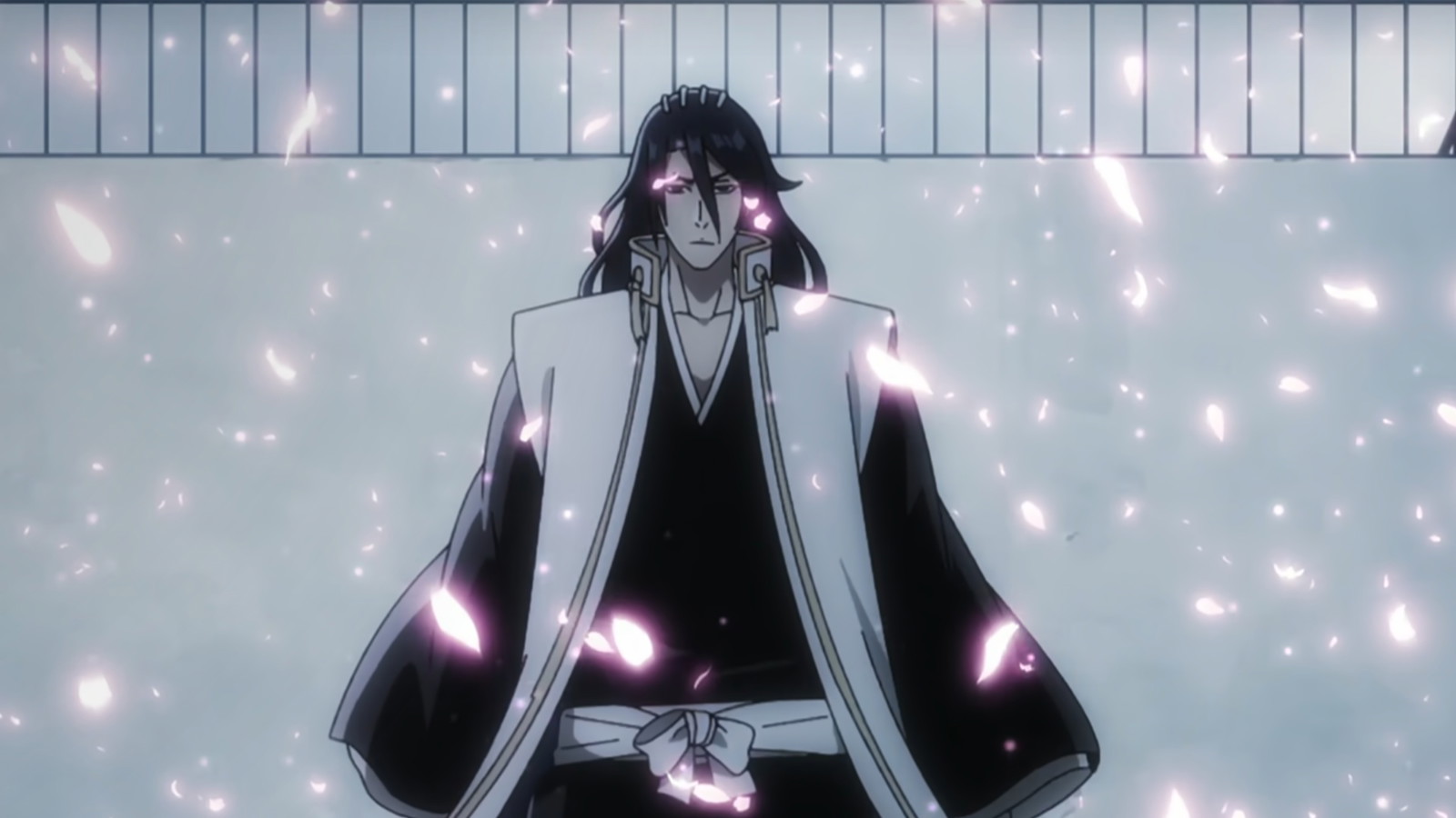 There are pink glowing petals all around Byakuya in a still from Tite Kubo's Bleach anime