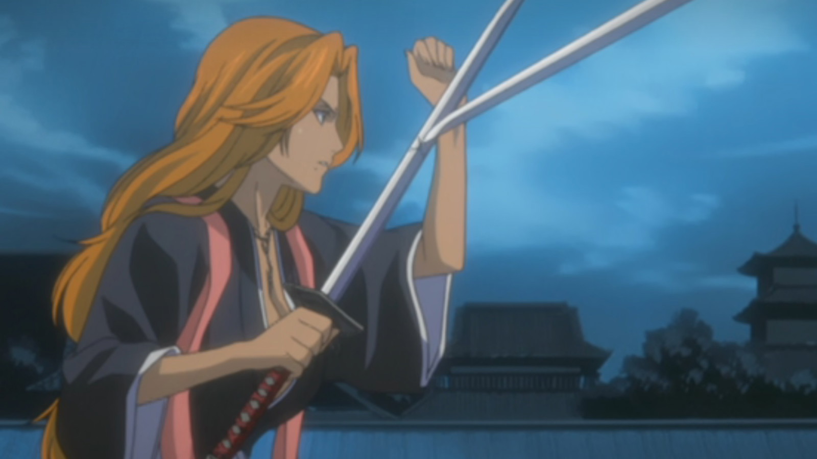 Rangiku has her sword against another sword in Bleach anime