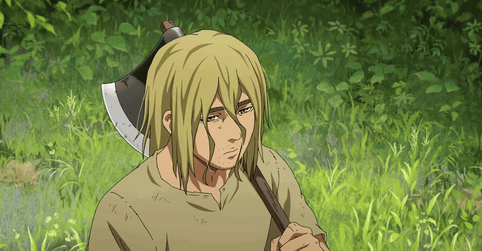 Thorfinn with an axe over his shoulder in Vinland Saga. 