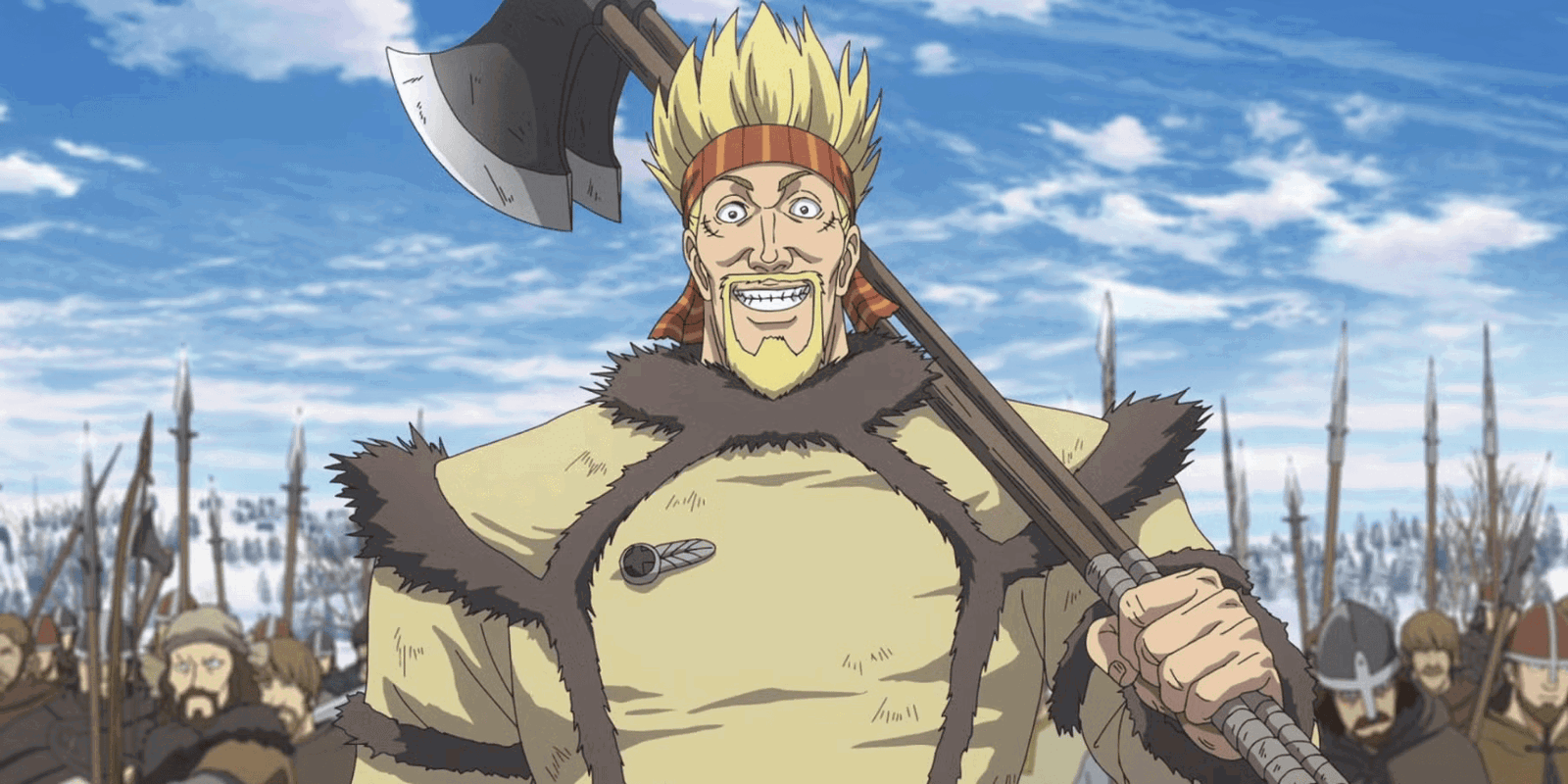 Thorkell with an axe over his shoulder in Vinland Saga. 