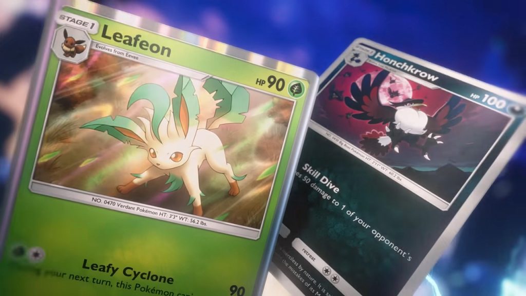 A screenshot from a Pokémon TCG Pocket trailer featuring sneak peeks of two new cards in the mobile game.