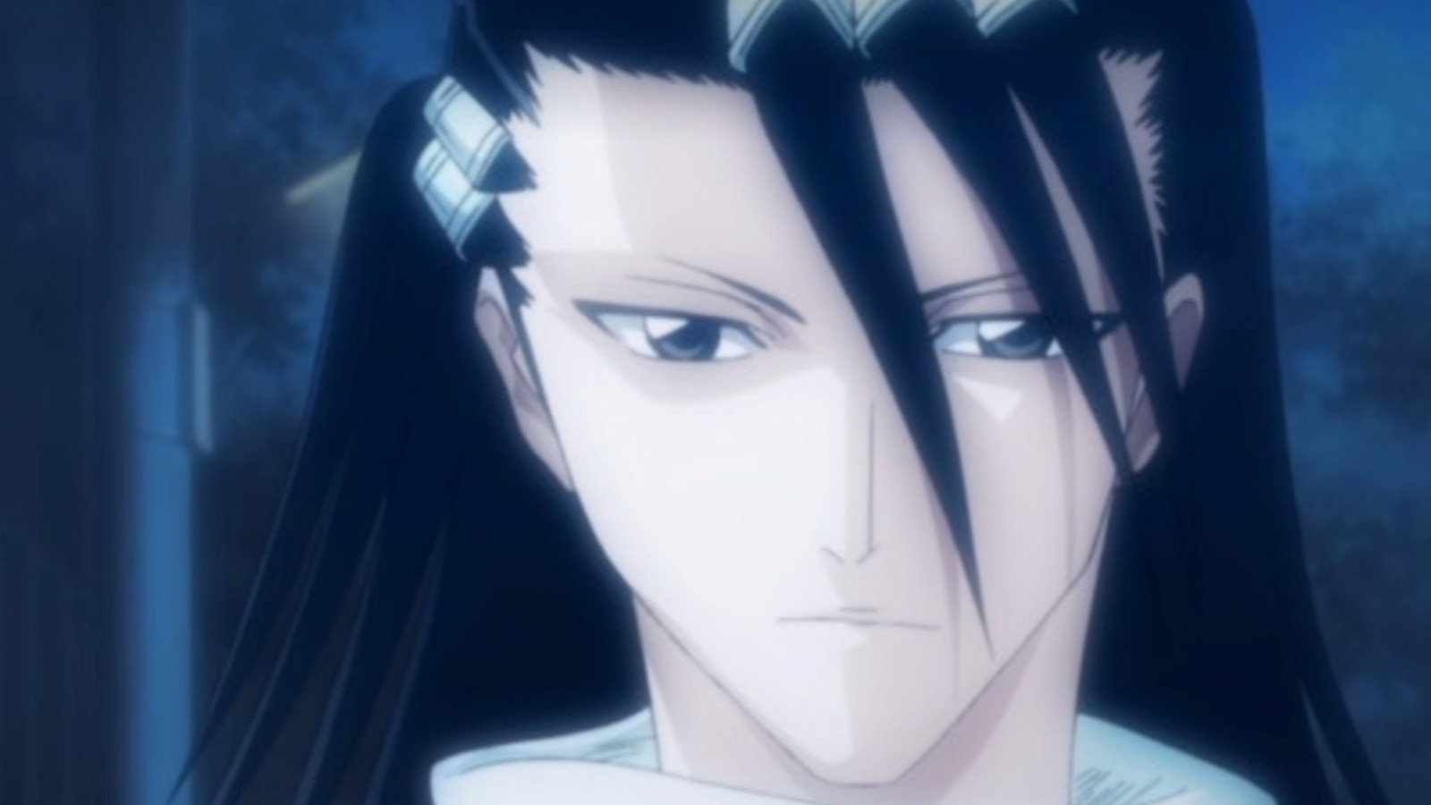 The picture shows an expressionless Byakuya as his hair fall on his face in Tite Kubo's Bleach anime