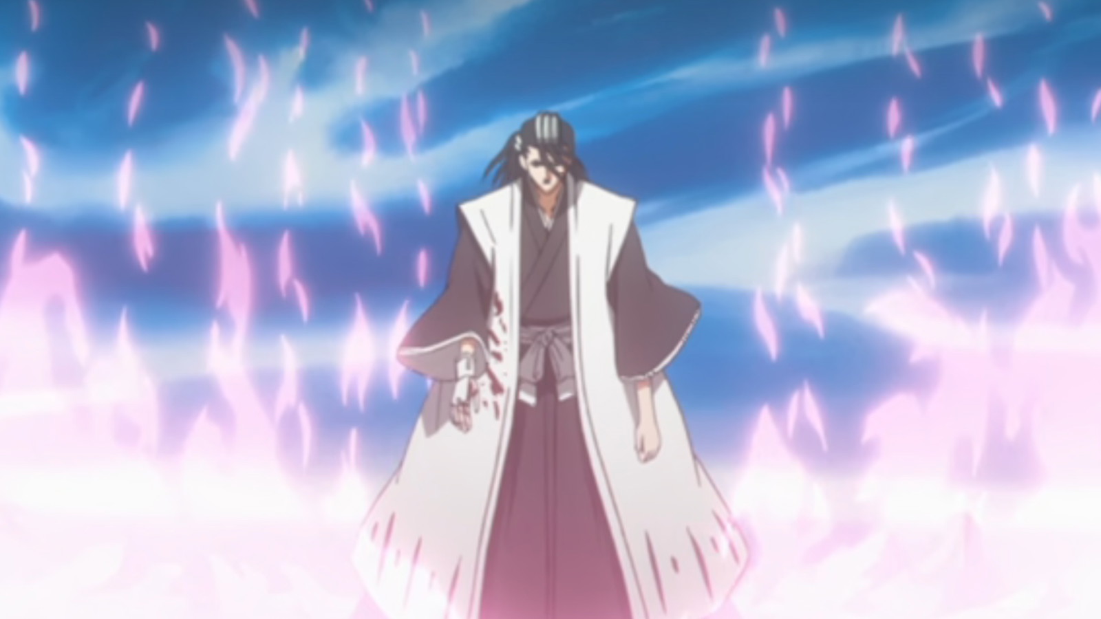 Byakuya is looking downwards while pink flames surround him in Bleach 