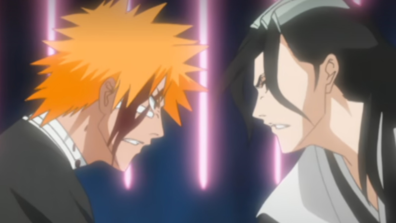 Ichigo and Byakuya are looking at each other in a still from Bleach