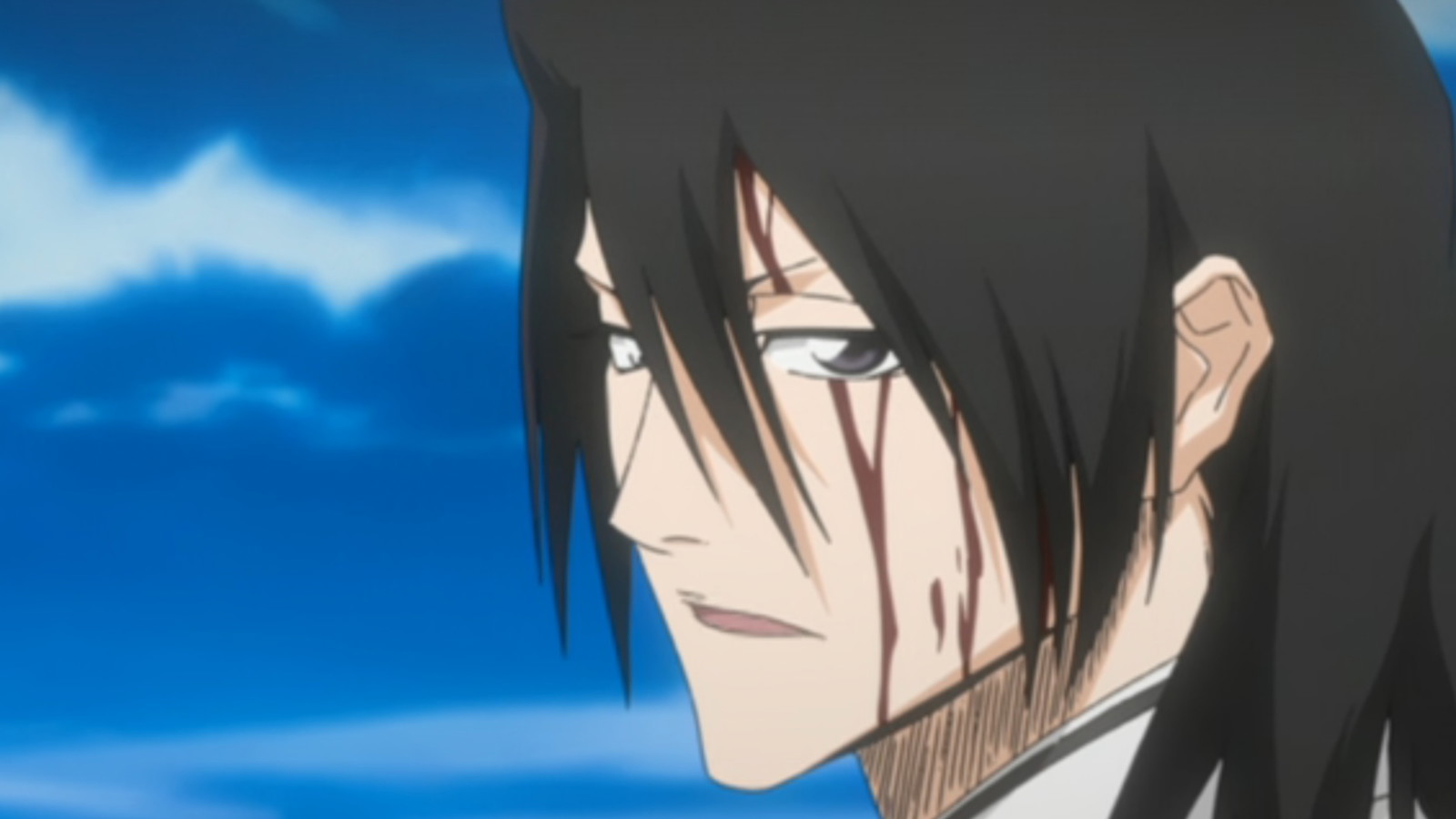 Byakuya has blood on his face and is looking over his shoulder in Bleach anime 