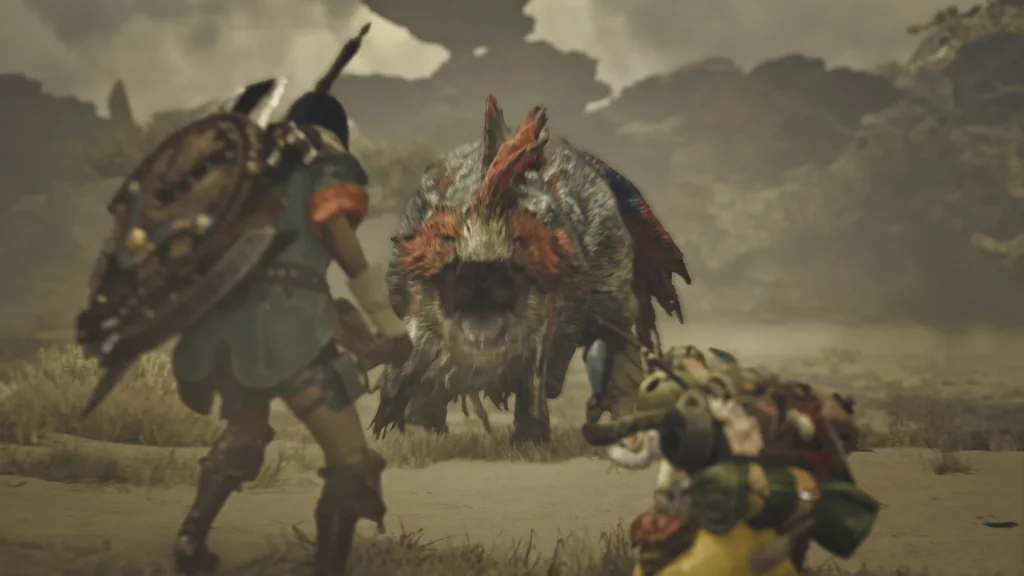 A character facing a monster in Monster Hunter Wilds.