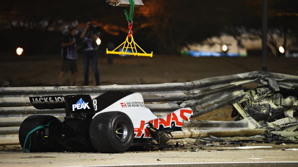 Romain Grosjean's car in the aftermath of his fireball crash in 2020.