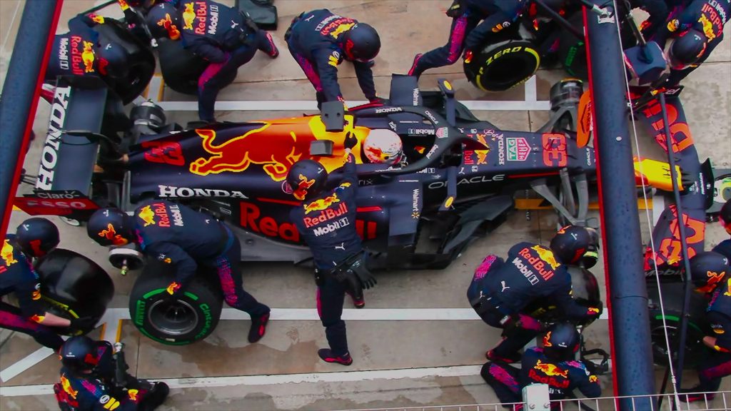 Red Bull driver Max Verstappen makes a pit stop.