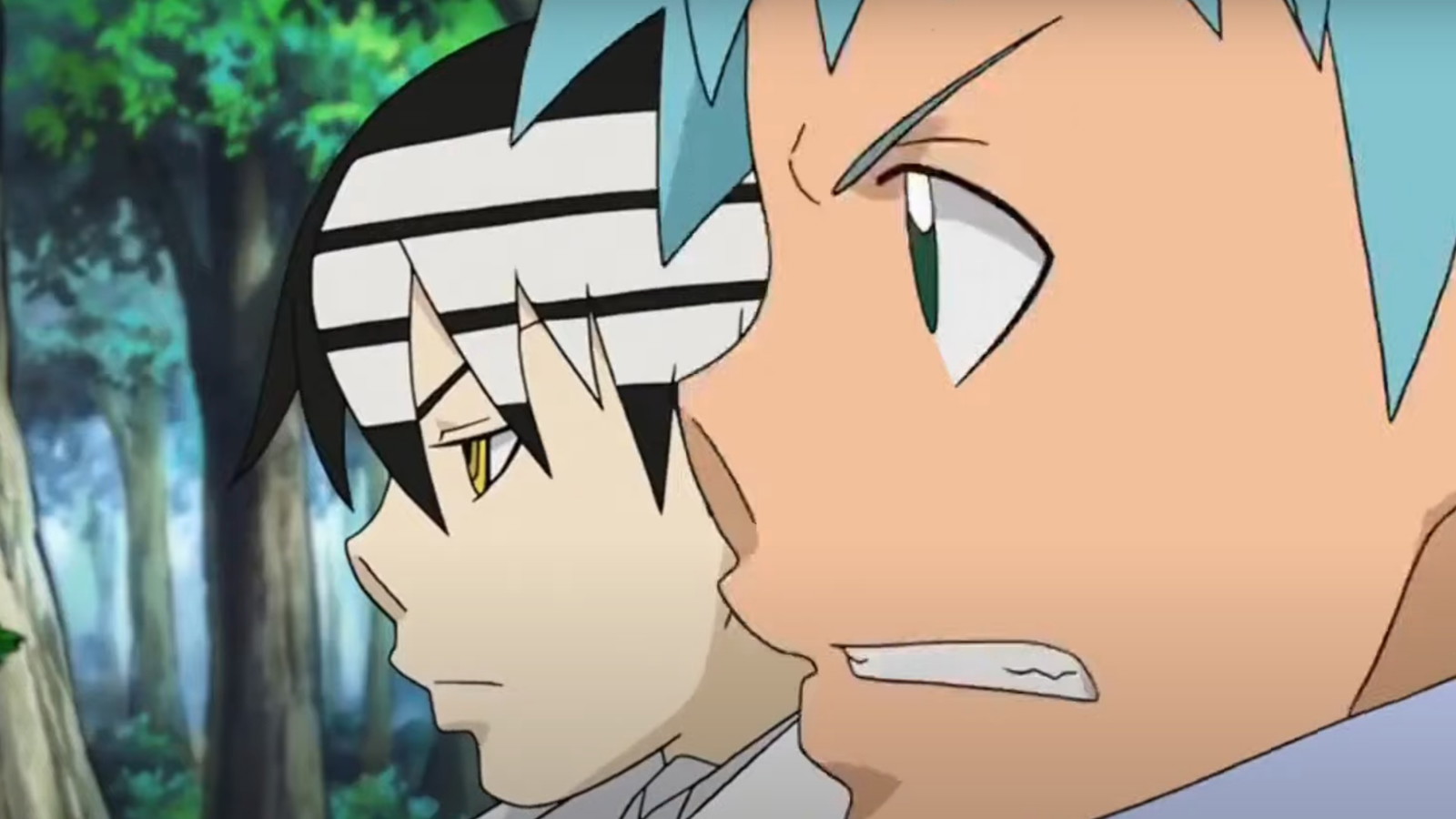 The picture shows the side profiles of Death the Kid and Black Star 