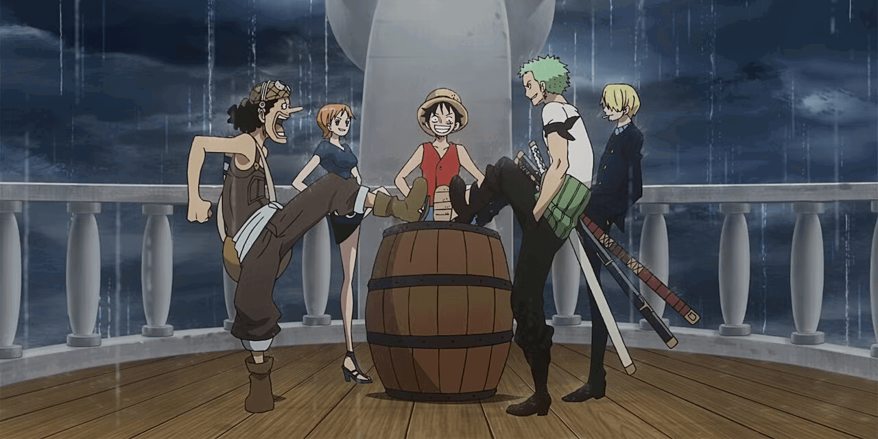 The first five Straw Hat Pirates from One Piece sharing their dreams and putting their feet on the barrel. 