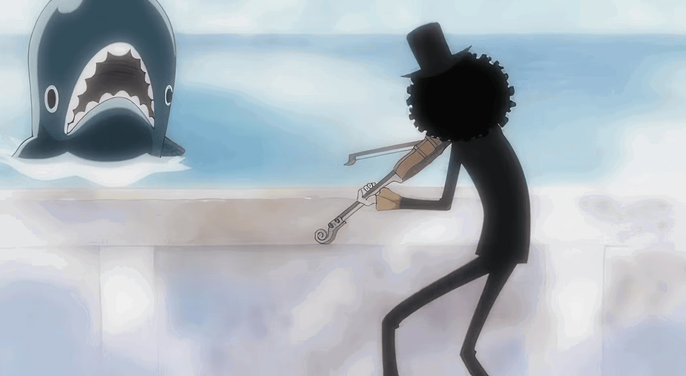 Brook plays music for a baby Laboon in One Piece. 