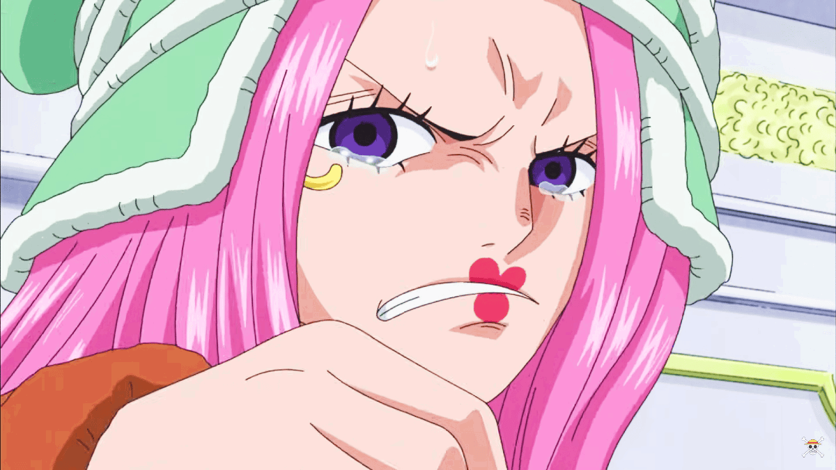 A close up of Jewelry Bonney with tearing up in One Piece. 