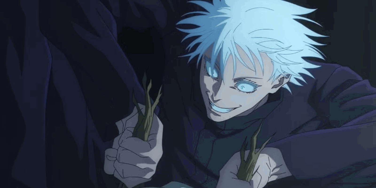 Satoru Gojo with an unhinged look on his face as he kills Hanami in Jujutsu Kaisen.