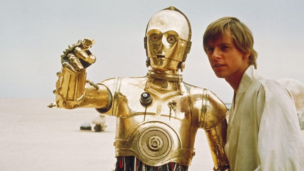 C-3PO and Mark Hamill talking to each other in Star Wars: Episode IV - A New Hope