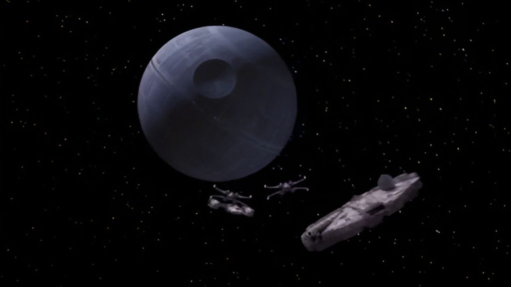 Fighters flying towards Death Star in Star Wars: A New Hope