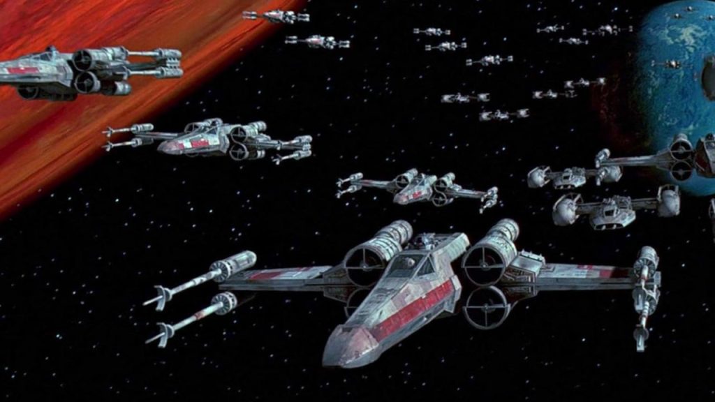 Starship fleet flying in space in Star Wars: A New Hope 