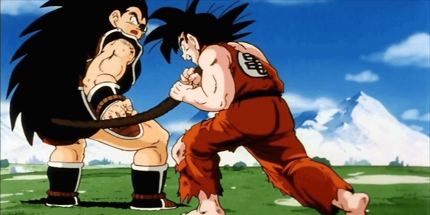 Goku grabs and squeezes Raditz's tail in Dragon Ball Z. 