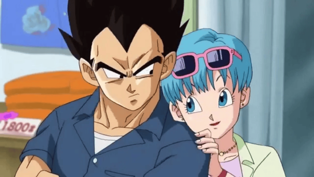 Vegeta with Bulma leaning on his shoulder in Dragon Ball Z.