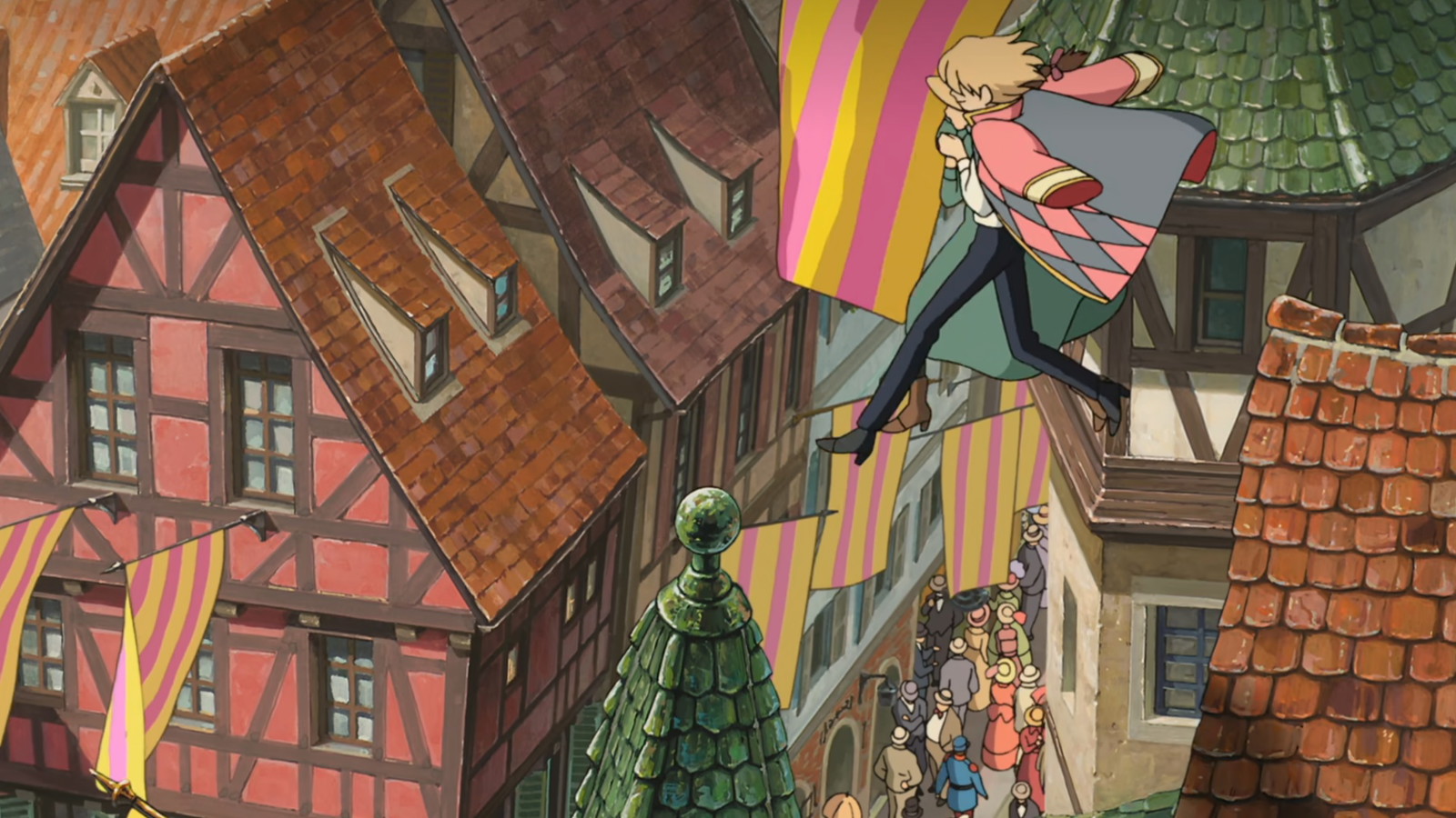 Howl is in the air over the town in Howl's Moving Castle