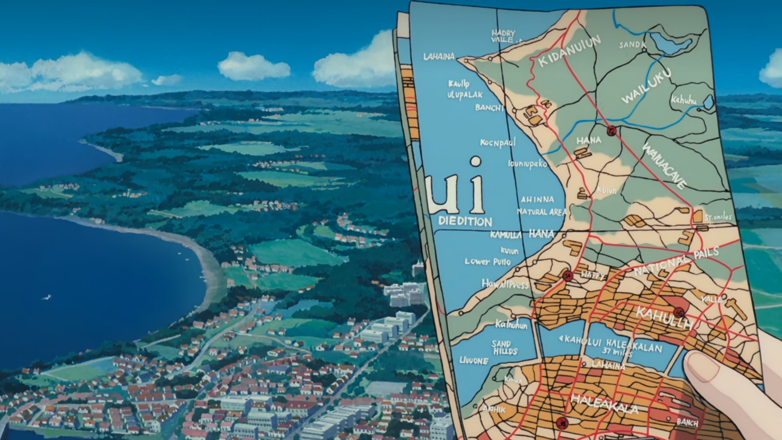 The picture shows Kiki holding a map over a town in Hayao Miyazaki's Kiki's Delivery Service 