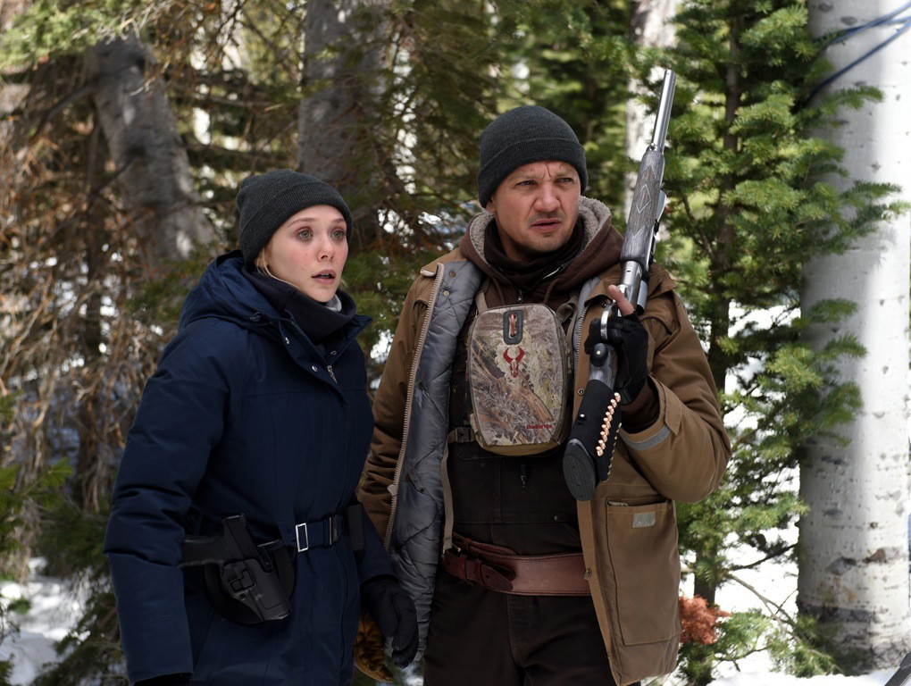 “I wish it was sexier than that”: Taylor Sheridan Learned a Valuable Lesson in His Most Challenging Movie Before Yellowstone 1 Elizabeth Olsen and Jeremy Renner star in Wind River in a forest looking shocked with Renner holding a gun in his hand