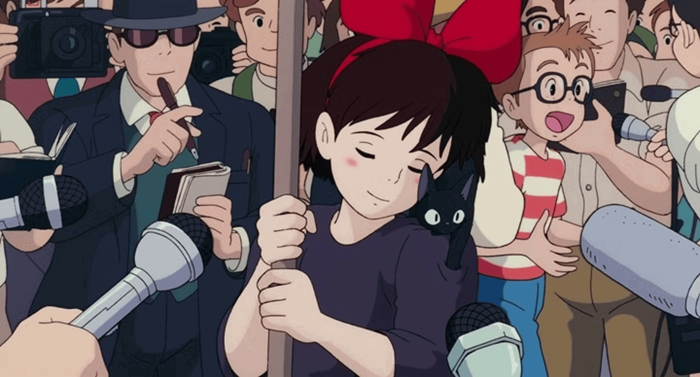 Kiki is surrounded by reporters in Kiki's Delivery Service. 