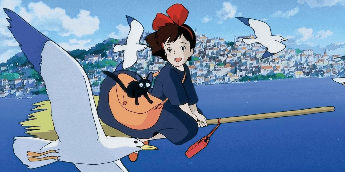 Kiki and Jiji flying with birds flying alongside them in Kiki's Delivery Service. 