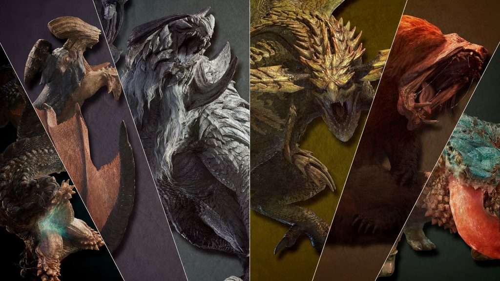 A collage of different monsters in Monster Hunter Wilds.