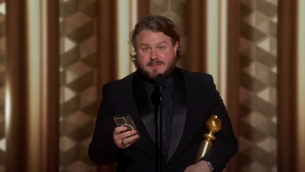 Brady Corbet giving his speech after receiving Best Director award at 2025 Golden Globes