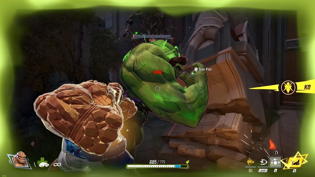 Marvel Rivals gameplay screenshot featuring The Thing engaging in combat with Monster Hulk.