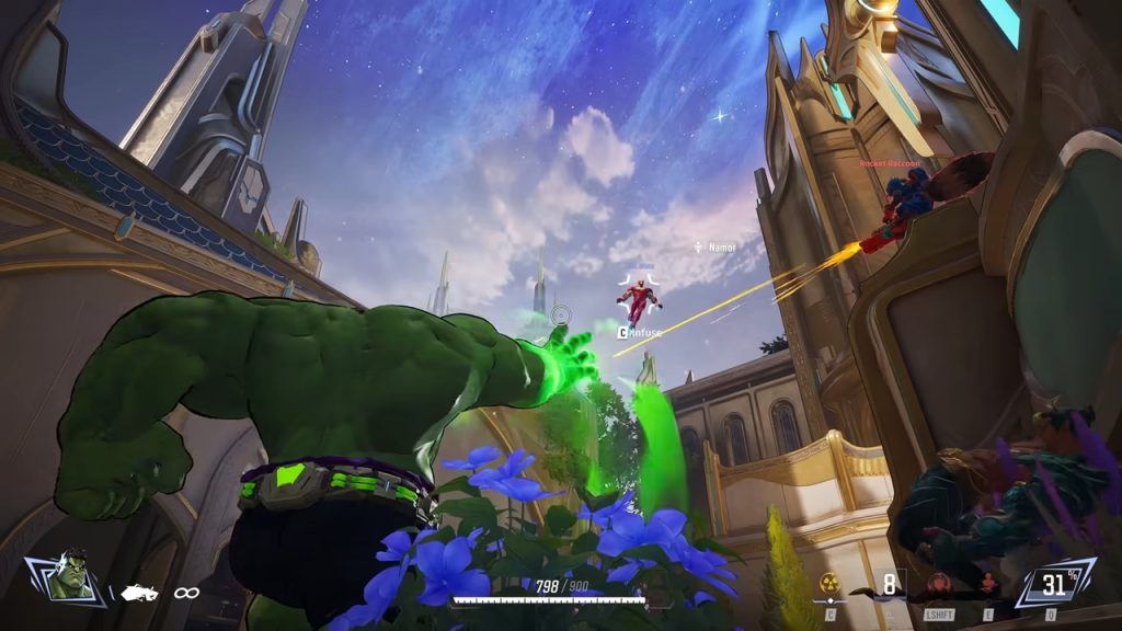 Marvel Rivals gameplay screenshot showcasing scrapped Iron Man and Hulk team-up ability interaction.  