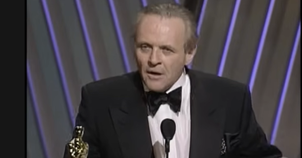 Anthony Hopkins gives the acceptance speech after winning the award. 