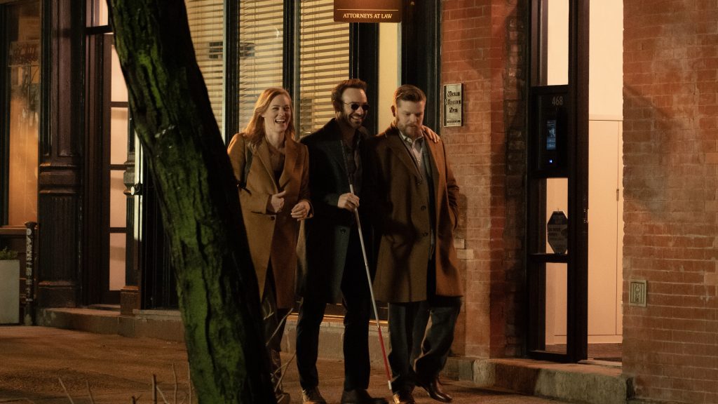 Deborah Ann Woll, Charlie Cox, and Elden Henson in a still from Daredevil: Born Again.