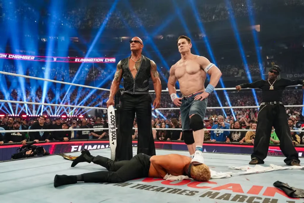 The Rock and John Cena after betraying Cody Rhodes at the elimination chamber/credit-WWE