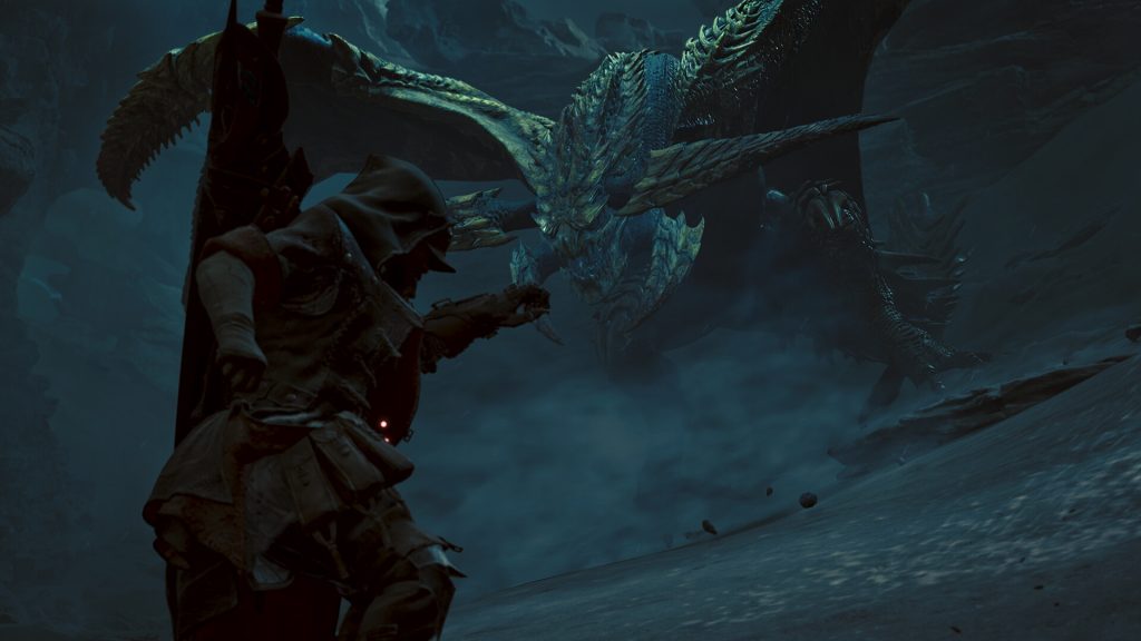 The image shows a player fighting a large monster in Monster Hunter Wilds