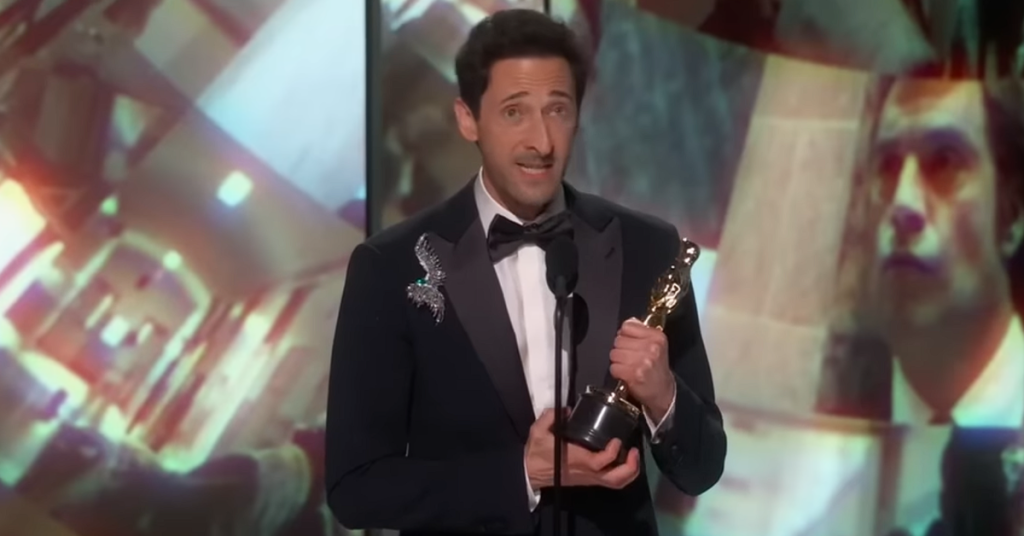 Adrian Brody gives the acceptance speech while holding the Best Actor Oscar. 