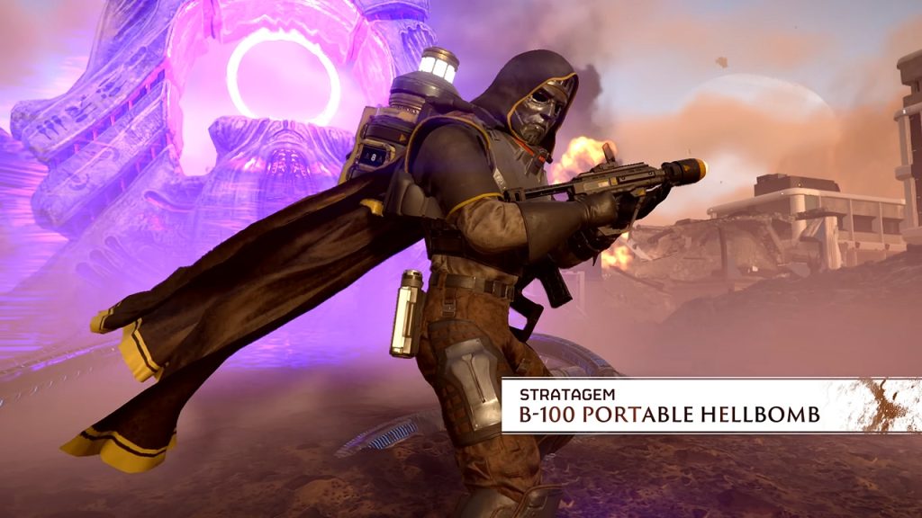 Helldivers 2 screenshot showcasing the B-100 Portable Hellbomb backpack stratagem.