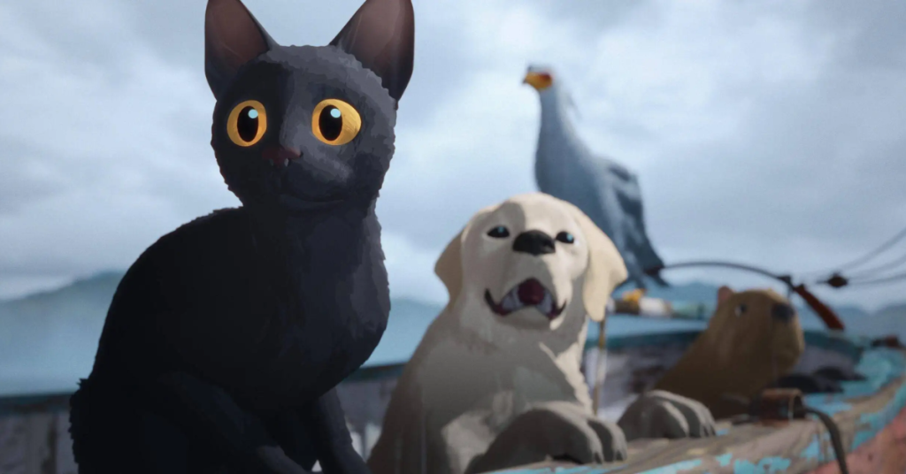 A can, dog, and beaver in an animated movie. 