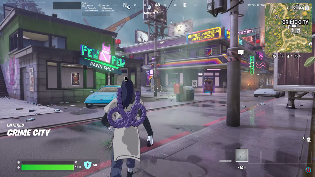 A player entering Crime City in Fortnite.