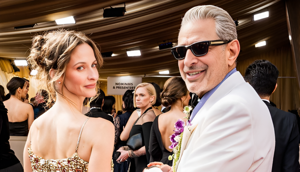 Jeff Goldblum in a cream-colored suit with his wife Emilie at Oscars ceremony.