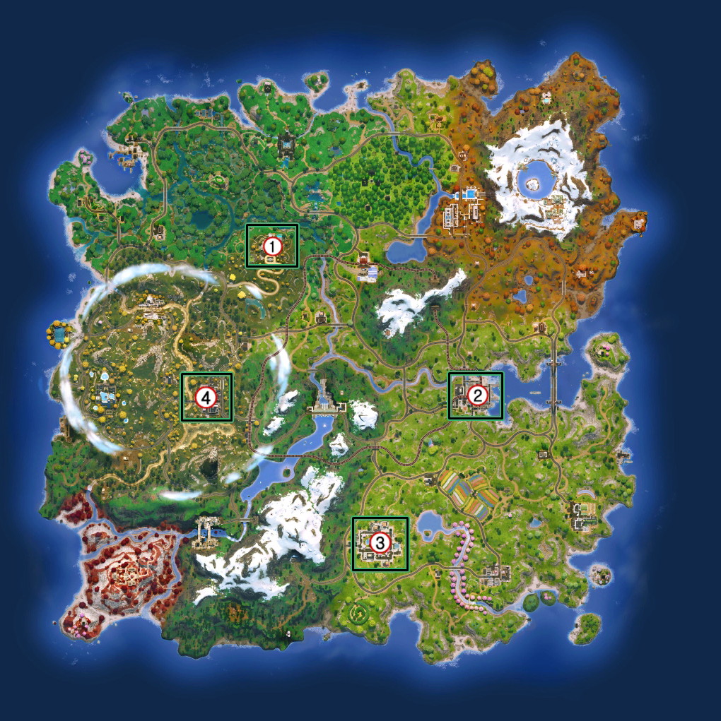 Fortnite Chapter 6 Season 2 map with Medallion locations marked. 